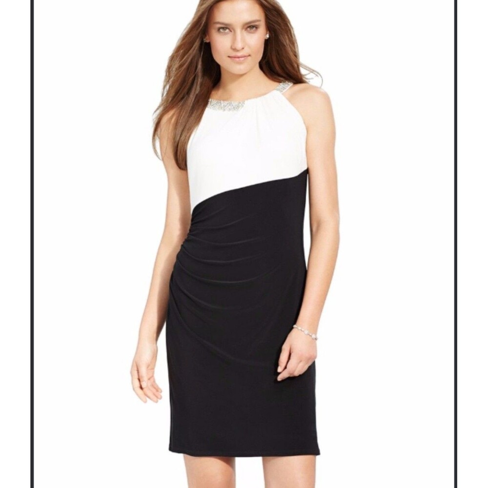Ralph Lauren Evening Black White Halter Dress Rouched Rhinestones Size 16